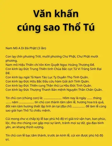 Hướng Dẫn Cúng Sao Giải Hạn Thổ Tú 2027 Chi Tiết: Lễ Vật, Ngày Giờ, Văn Khấn & Cách Hóa Giải Chuẩn Nhất Hướng Dẫn Cúng Sao Giải Hạn Thổ Tú 2027 Chi Tiết: Lễ Vật, Ngày Giờ, Văn Khấn & Cách Hóa Giải Chuẩn Nhất