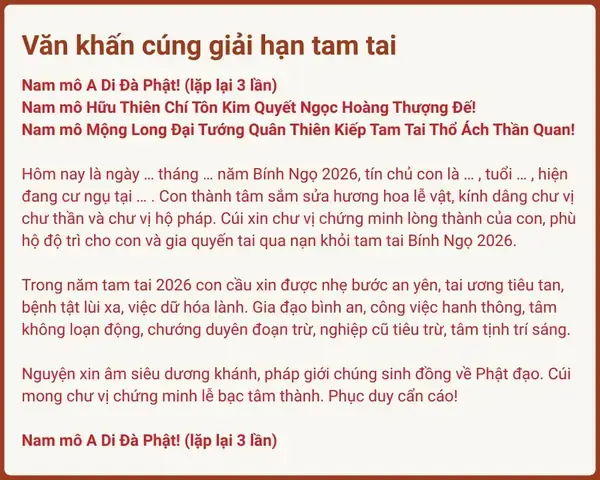 Hướng Dẫn Cúng Giải Hạn Tam Tai Cho Nữ Tuổi Mậu Ngọ: Tra Cứu 3 Năm Hạn, Ngày Giờ, Hướng, Lễ Vật, Văn Khấn Chuẩn Phong Thủy